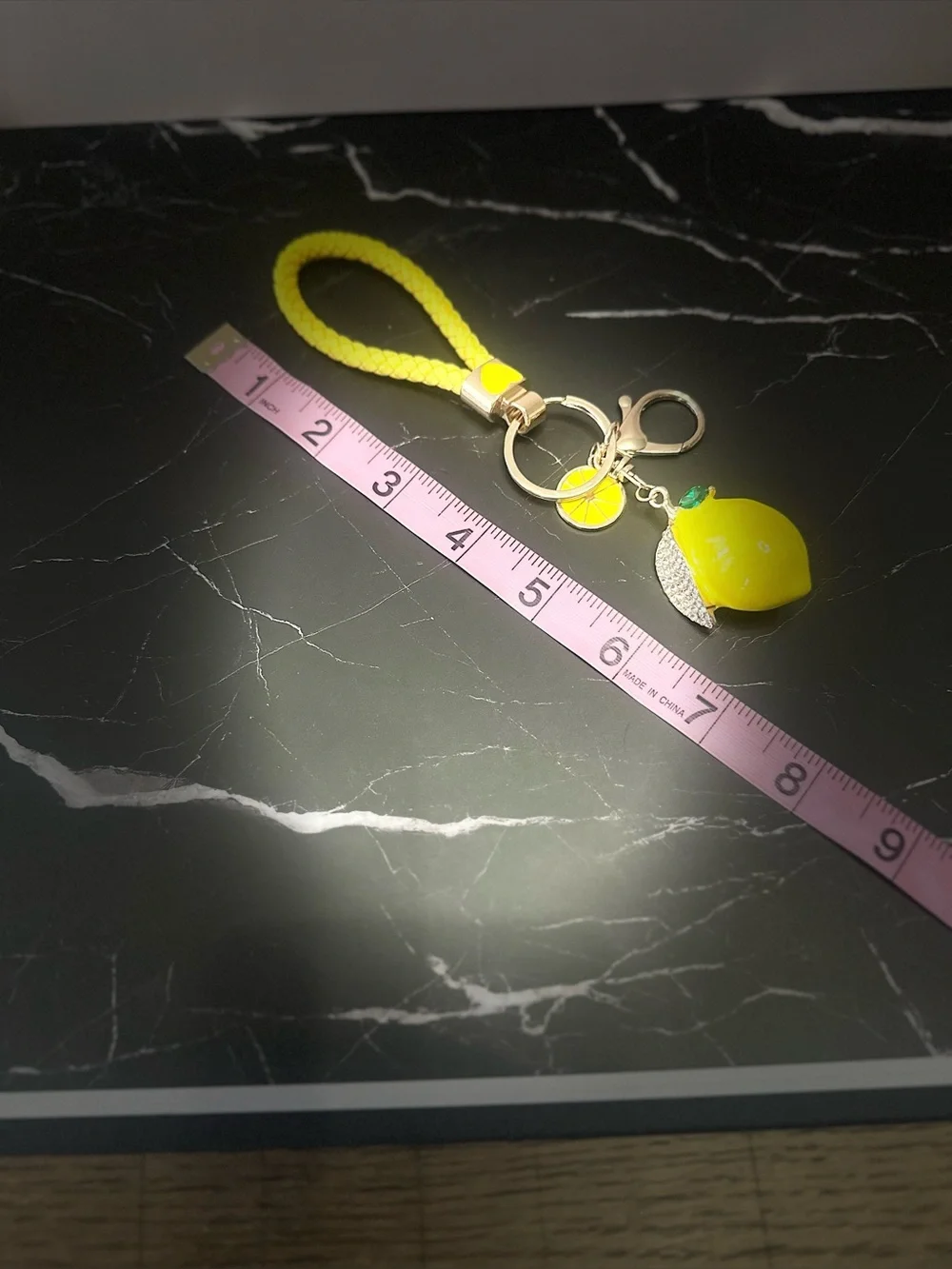 Cute Yellow Lemon with Rhinestones Keychain or Bag Charm with Faux Leather Strap
